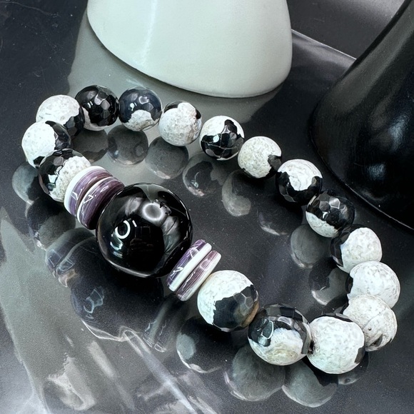 BLACK/WHITE AGATE + ONYX NATURAL BRACELET size 8 - Picture 7 of 8